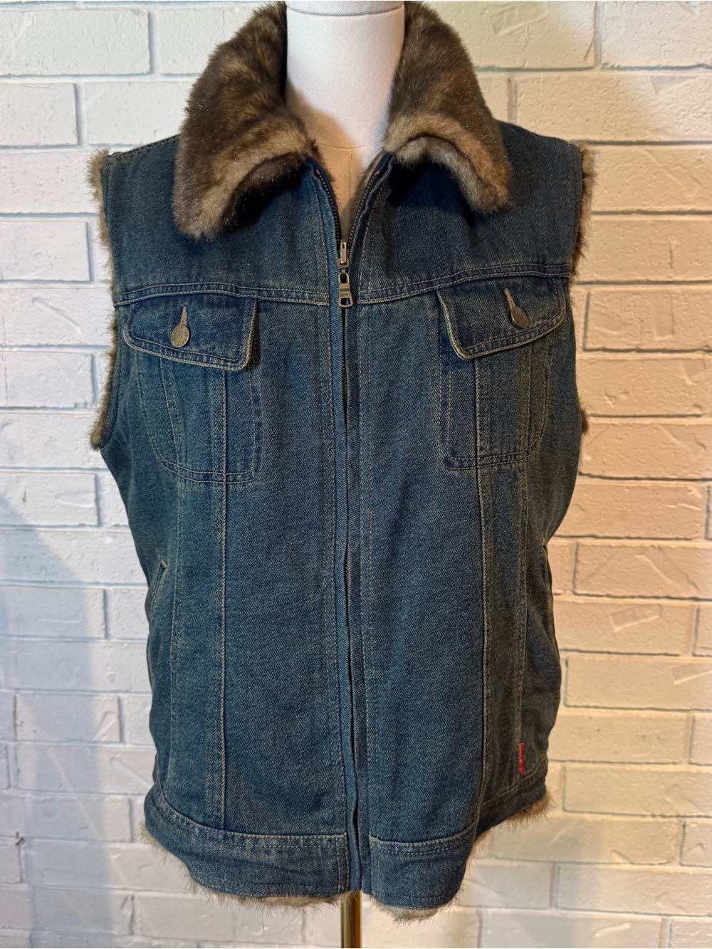 Vintage 90s y2k Esprit Denim Faux Fur Reversible Vest Womens XL